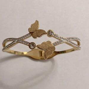 Gold over Stainless Steel and Crystal Hinged Butterfly Bracelet